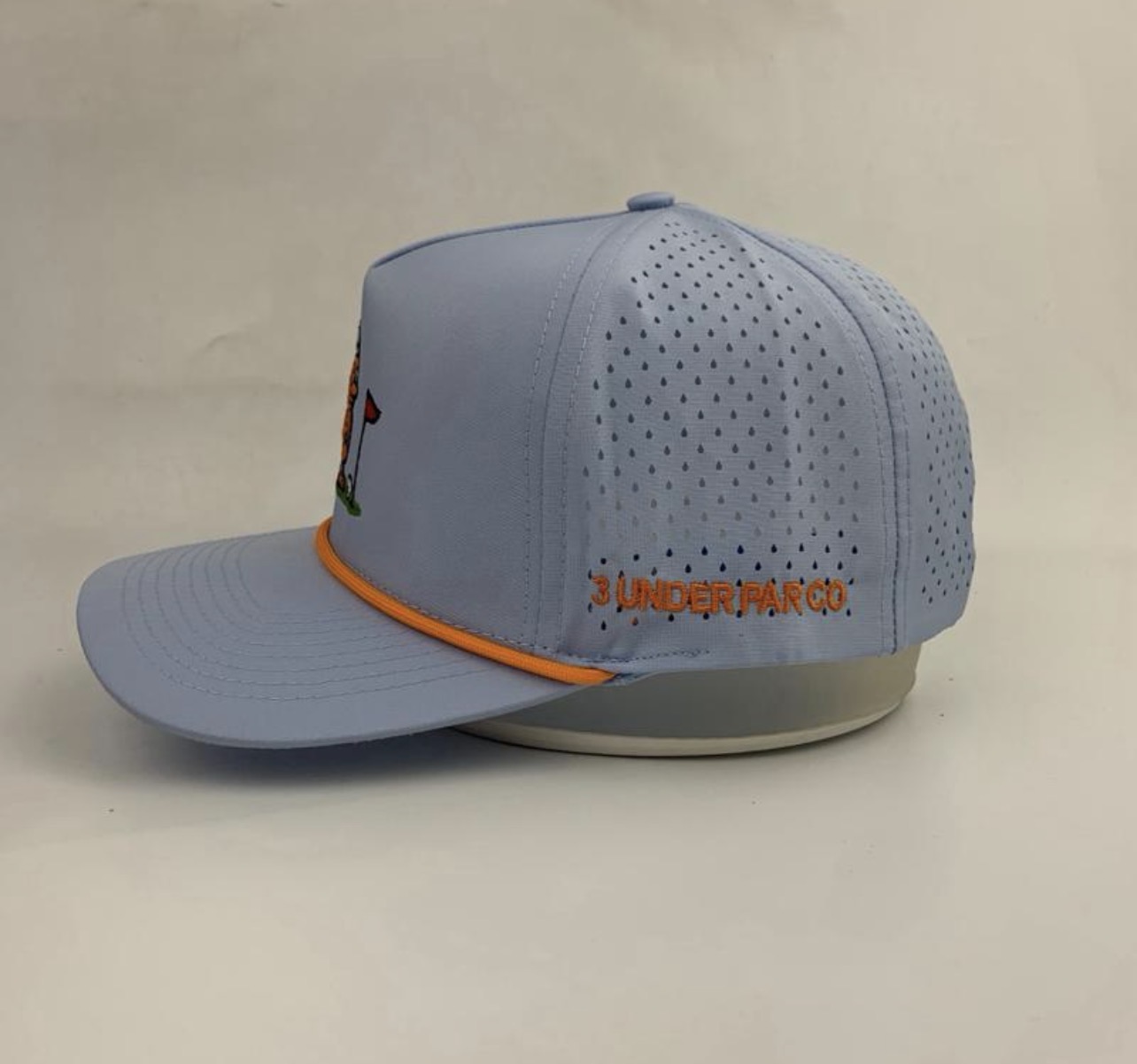3 Under Par Co "Golden Birdie" Edition Golf Hat - Light Blue with Perforated Design and Orange Trim view 4