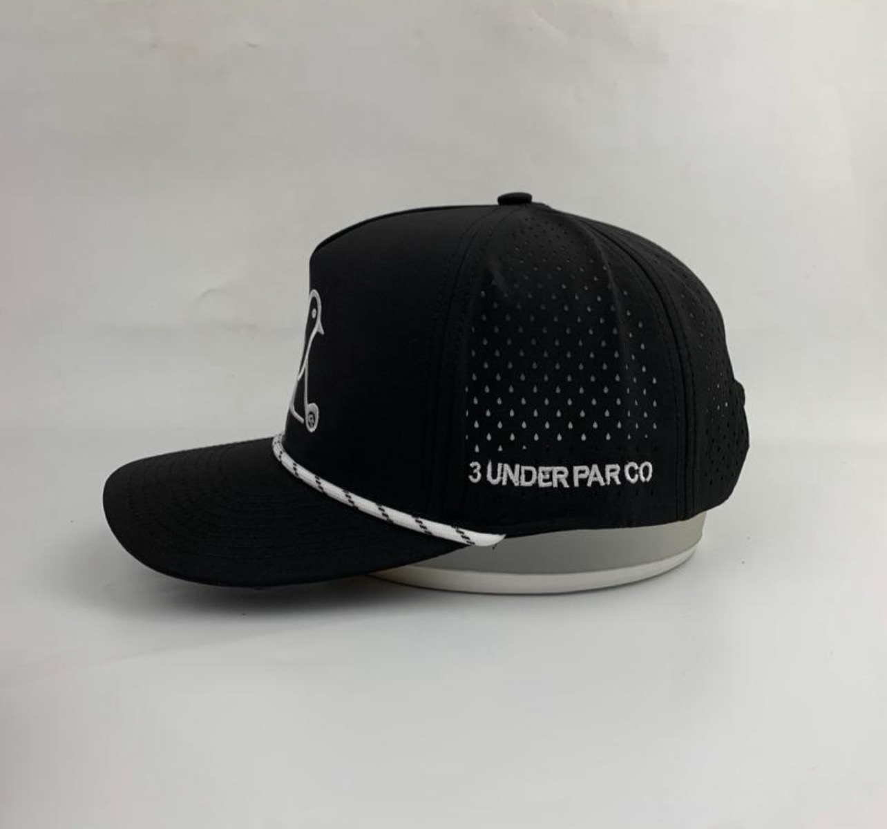 3 Under Par Co "Tap in Birdie" Edition Golf Hat - Black with Perforated Design and White Trim view 4