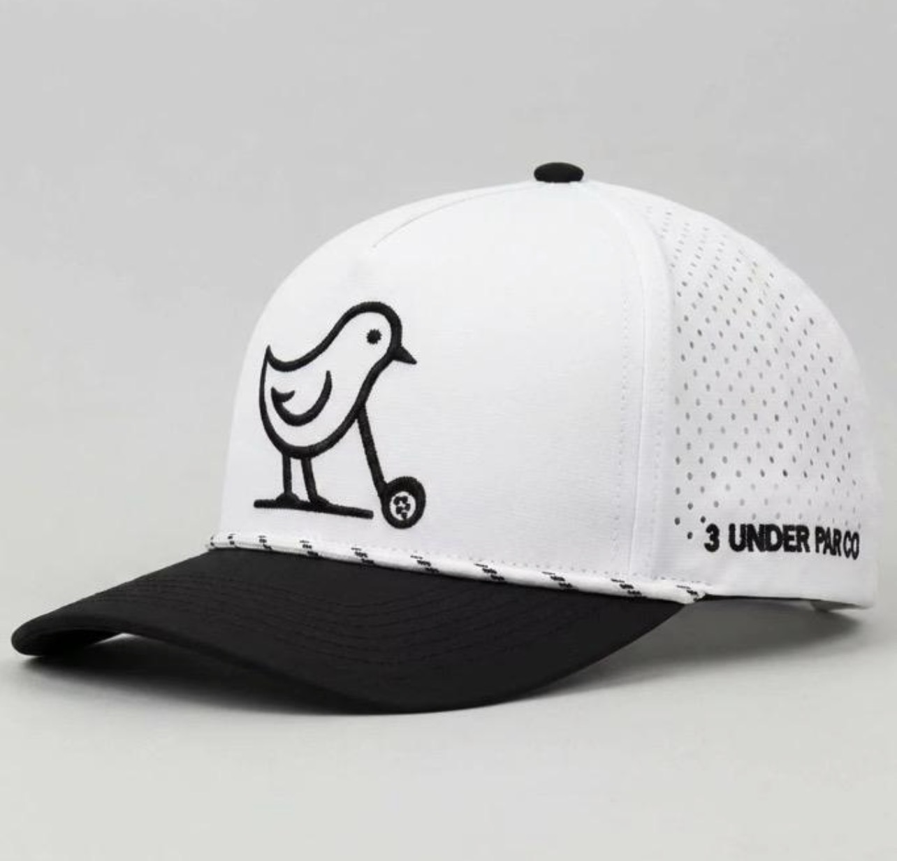 3 Under Par Co "Tap in Birdie" Edition Golf Hat - 2 Tone Black/White with Perforated Design and White Trim