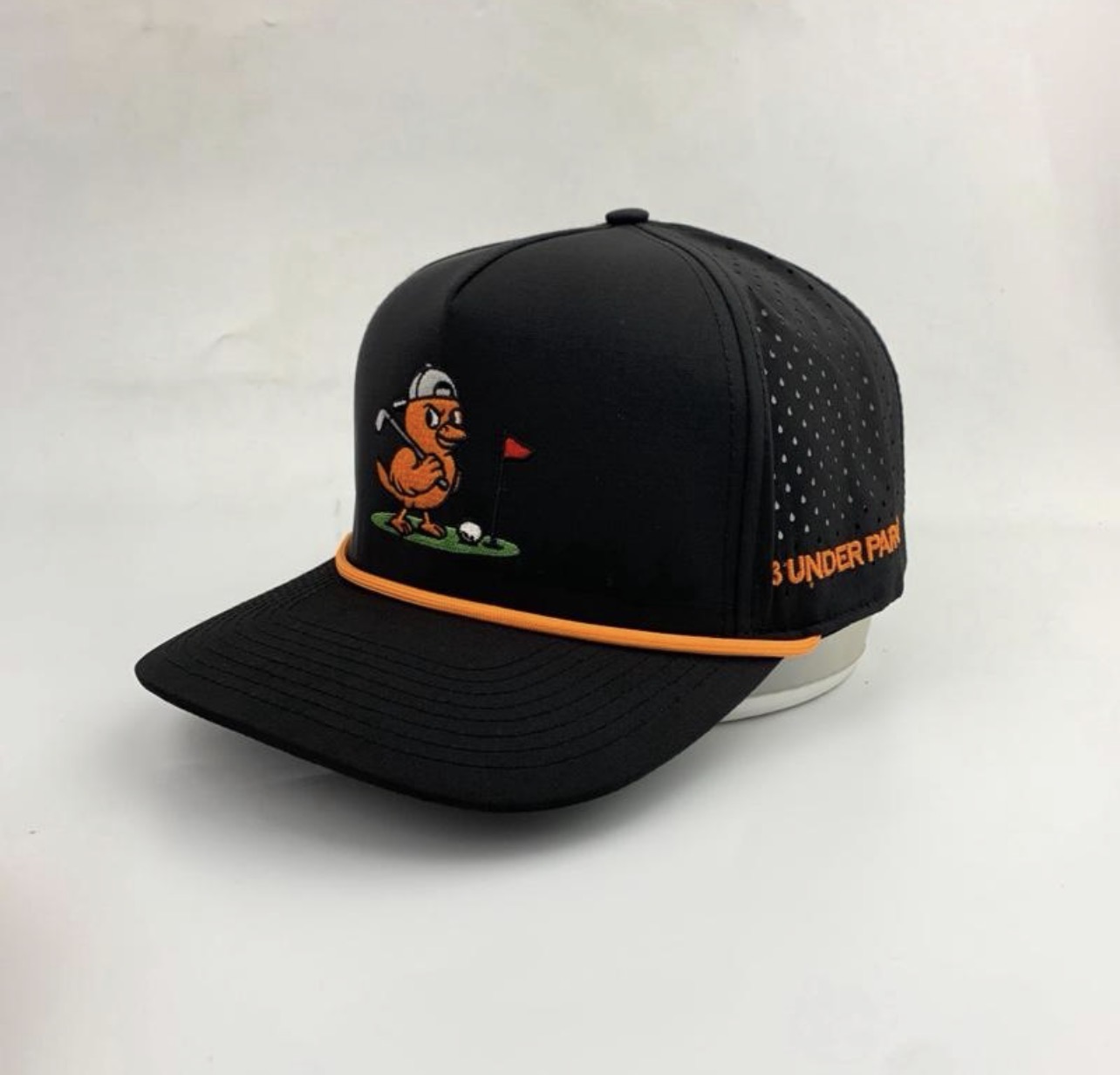 3 Under Par Co "Golden Birdie" Edition Golf Hat - Black with Perforated Design and Orange Trim view 2