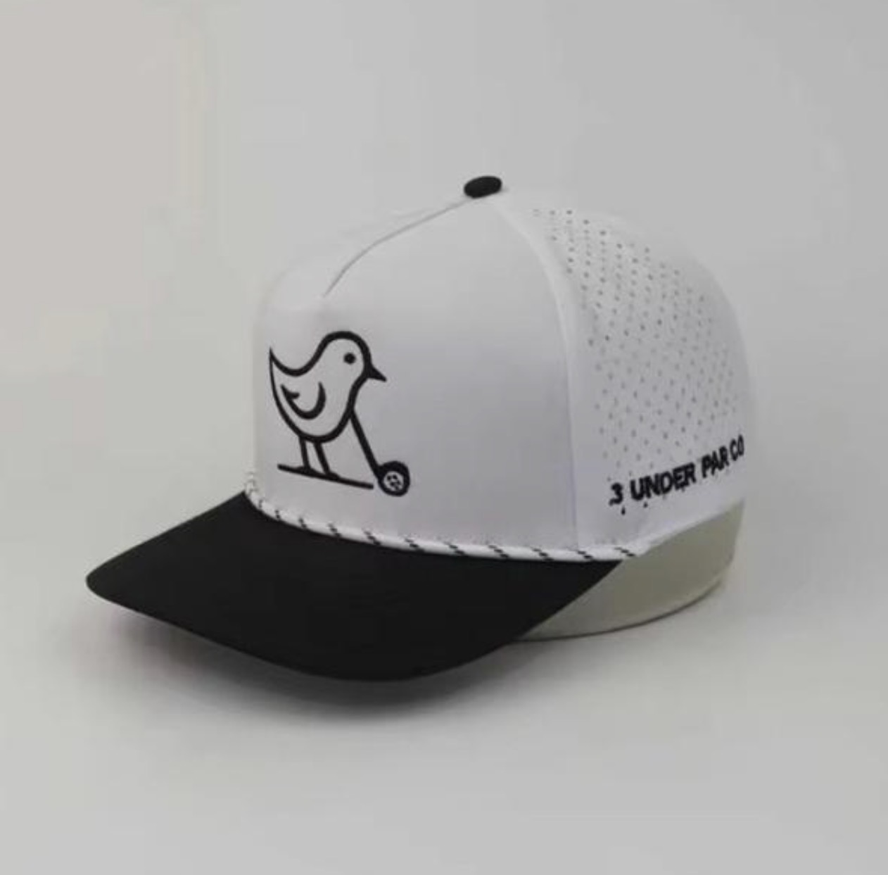 3 Under Par Co "Tap in Birdie" Edition Golf Hat - 2 Tone Black/White with Perforated Design and White Trim view 2