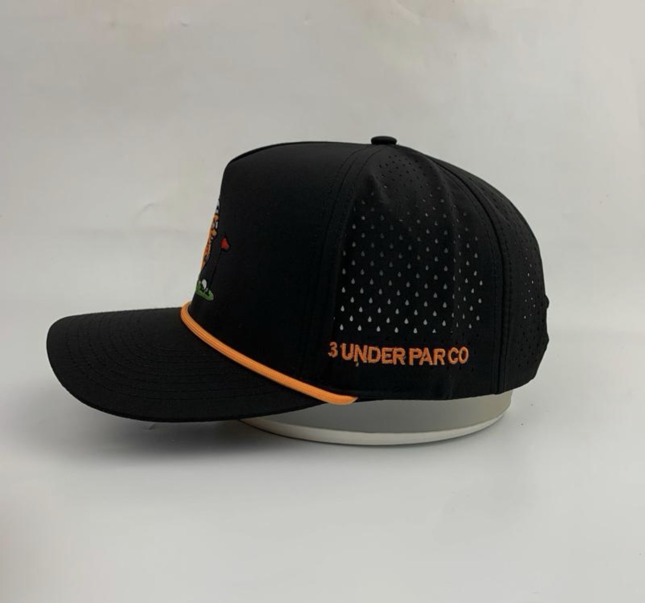3 Under Par Co "Golden Birdie" Edition Golf Hat - Black with Perforated Design and Orange Trim view 5