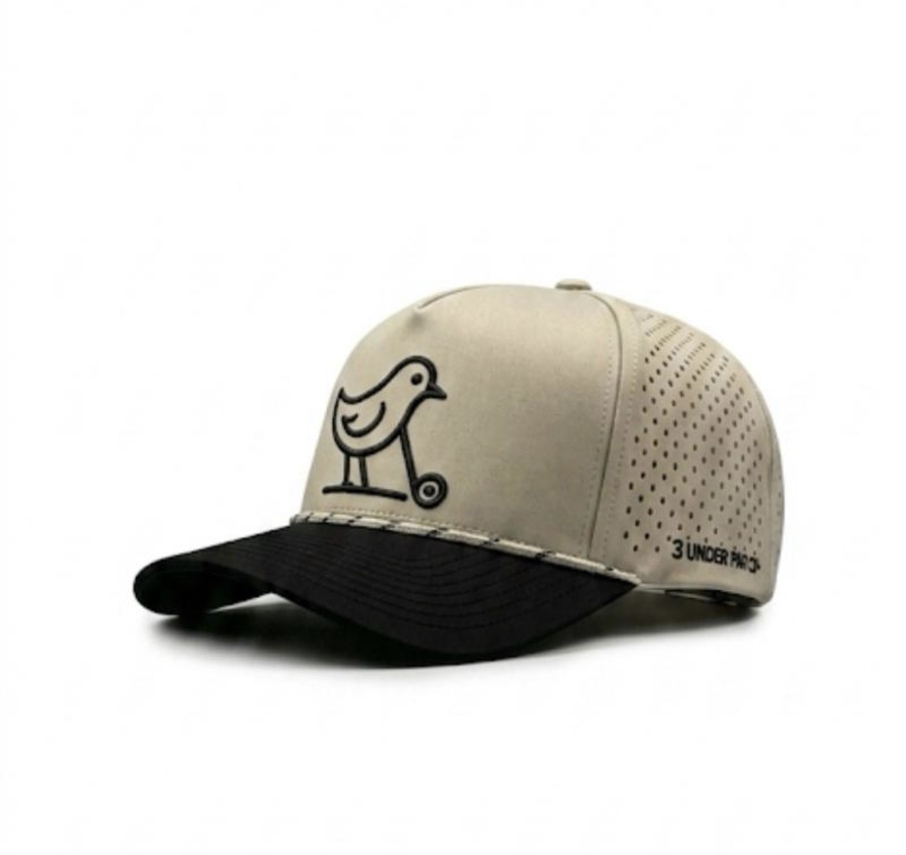 3 Under Par Co "Tap in Birdie" Edition Golf Hat - 2 Tone Black/Tan with Perforated Design and Black Trim