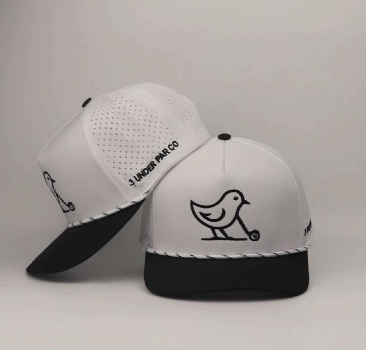 3 Under Par Co "Tap in Birdie" Edition Golf Hat - 2 Tone Black/White with Perforated Design and White Trim view 7