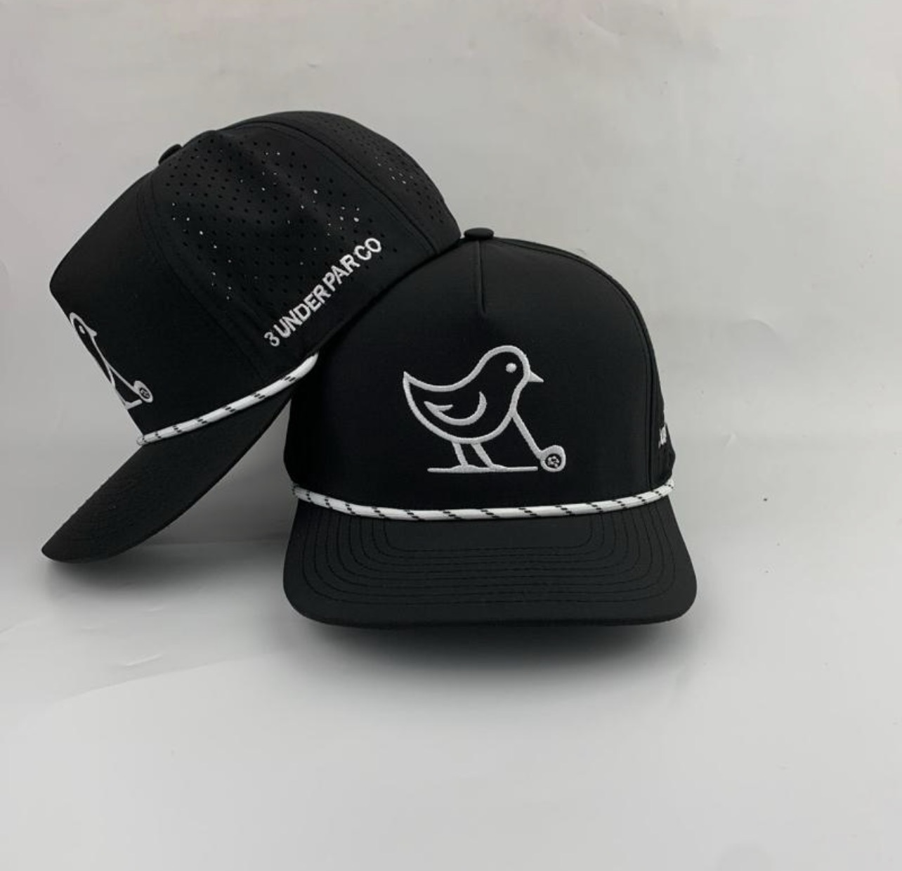 3 Under Par Co "Tap in Birdie" Edition Golf Hat - Black with Perforated Design and White Trim view 8
