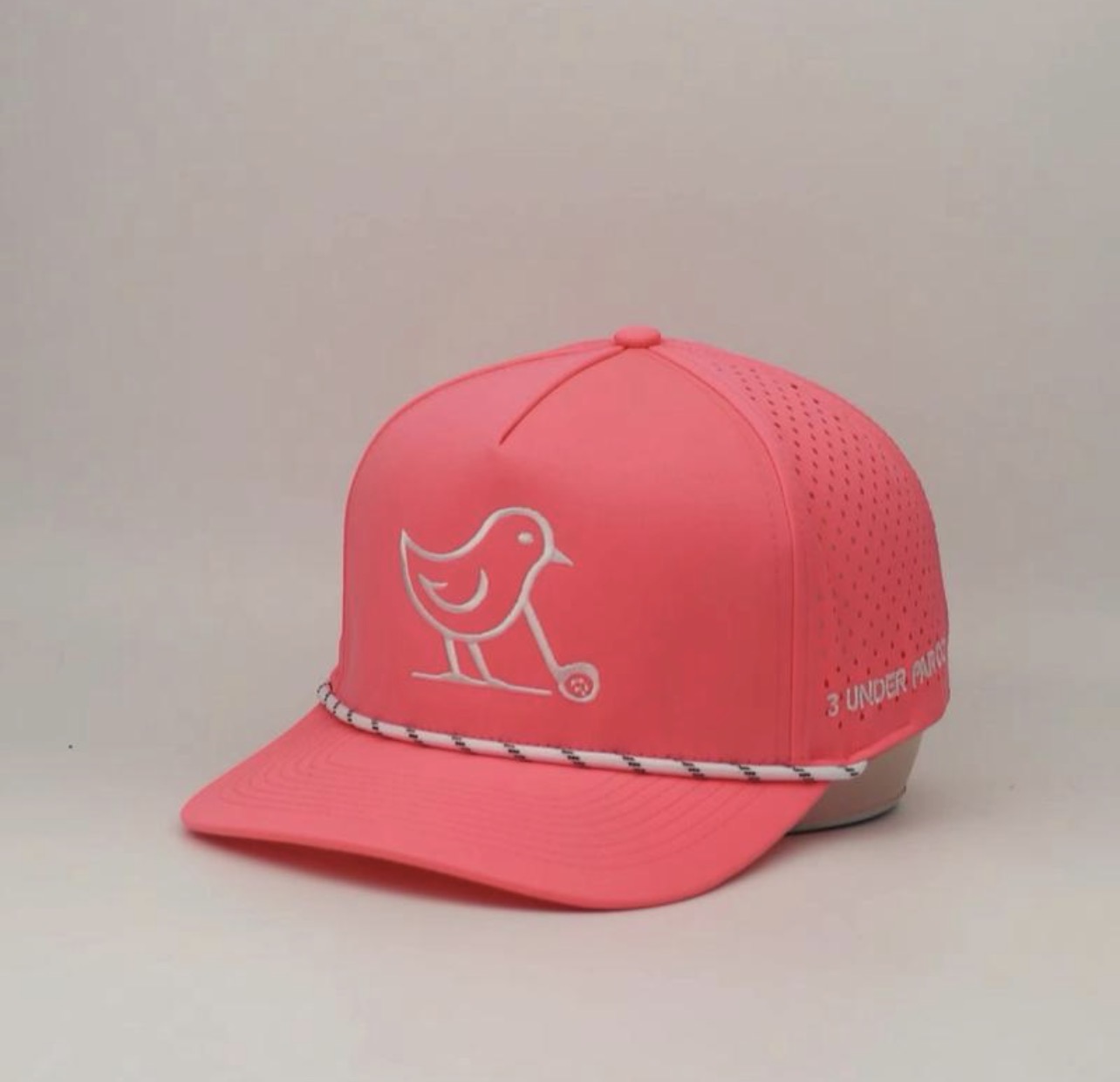3 Under Par Co "Tap in Birdie" Edition Golf Hat - Pink with Perforated Design and White Trim view 2
