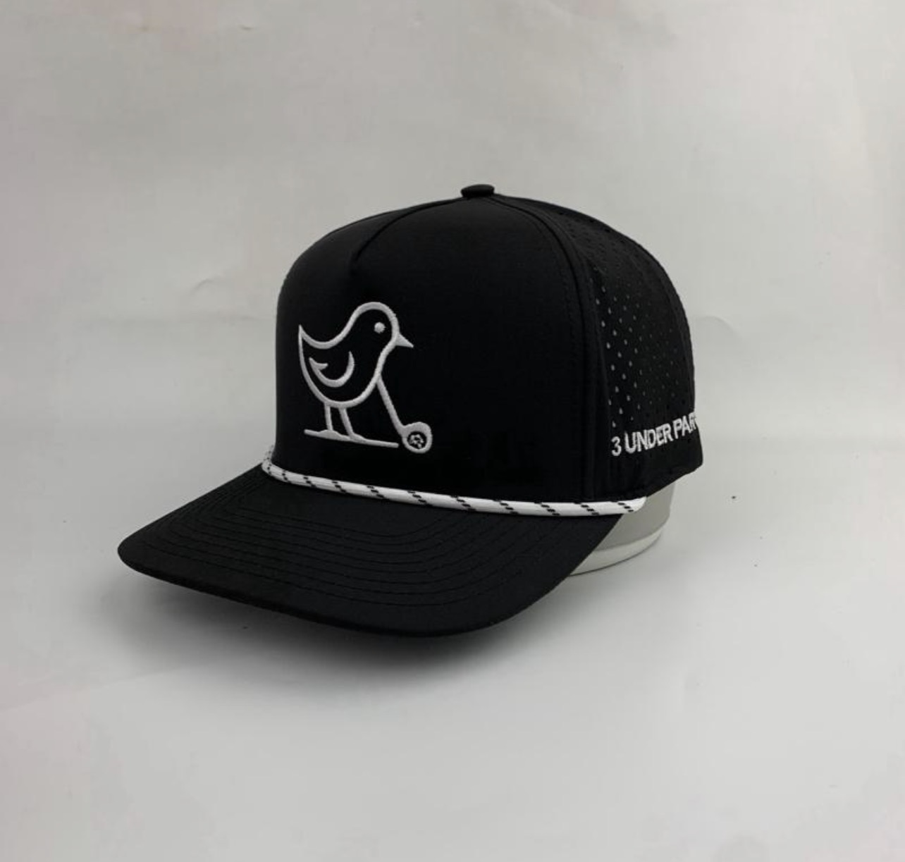 3 Under Par Co "Tap in Birdie" Edition Golf Hat - Black with Perforated Design and White Trim view 2