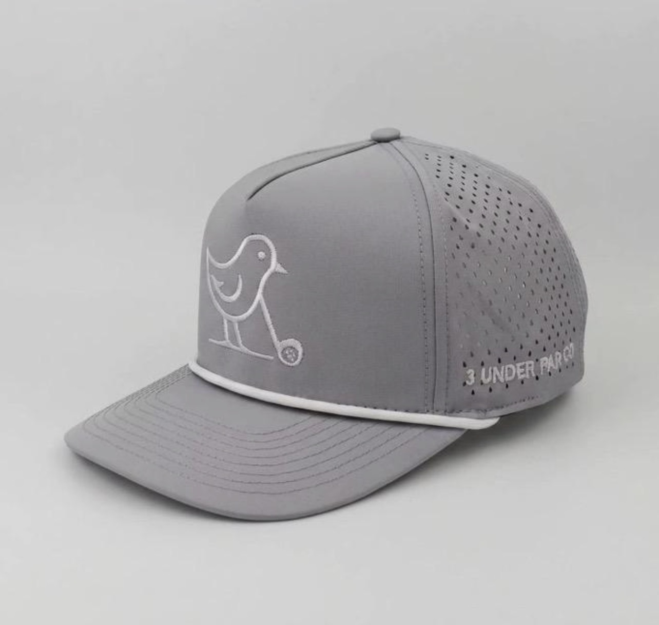 3 Under Par Co "Tap in Birdie" Edition Golf Hat Gray with Perforated Design and White Trim for Optimal Comfort