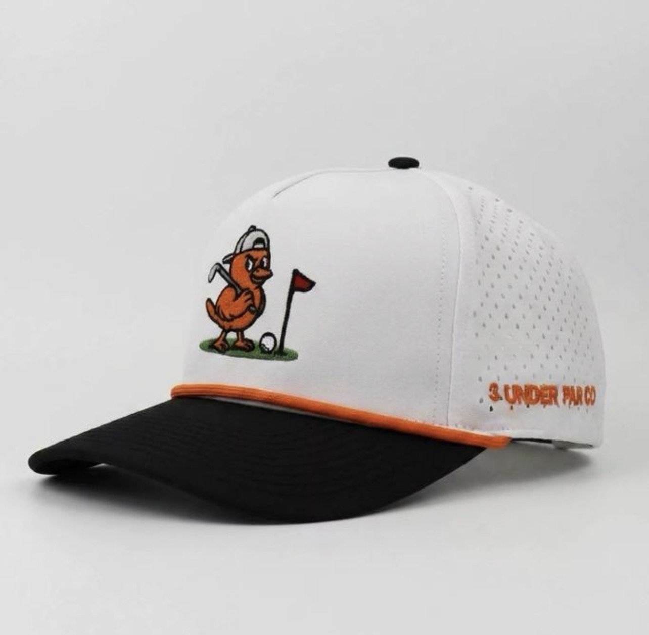 3 Under Par Co "Golden Birdie" Edition Golf Hat - White/Black with Perforated Design and Orange Trim