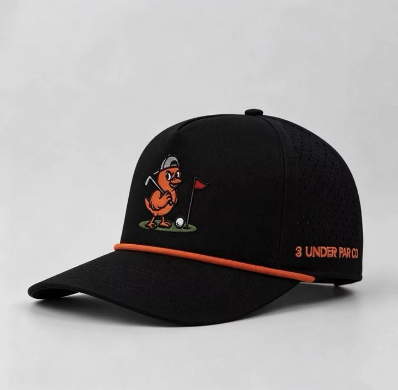 3 Under Par Co "Golden Birdie" Edition Golf Hat - Black with Perforated Design and Orange Trim