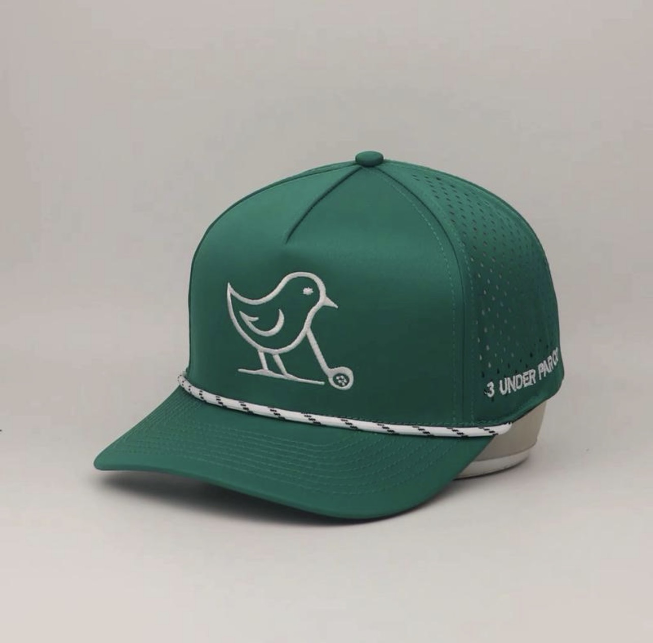 3 Under Par Co "Tap in Birdie" Edition Golf Hat - Green with Perforated Design and White Trim view 2