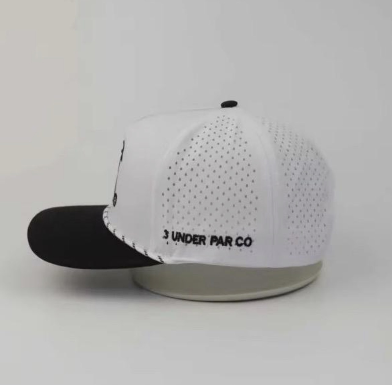 3 Under Par Co "Tap in Birdie" Edition Golf Hat - 2 Tone Black/White with Perforated Design and White Trim view 4
