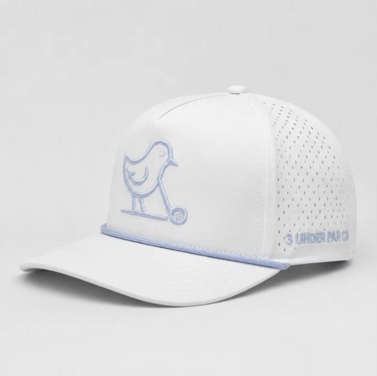 3 Under Par Co "Tap in Birdie" Edition Golf Hat - White with Perforated Design and Baby Blue Trim