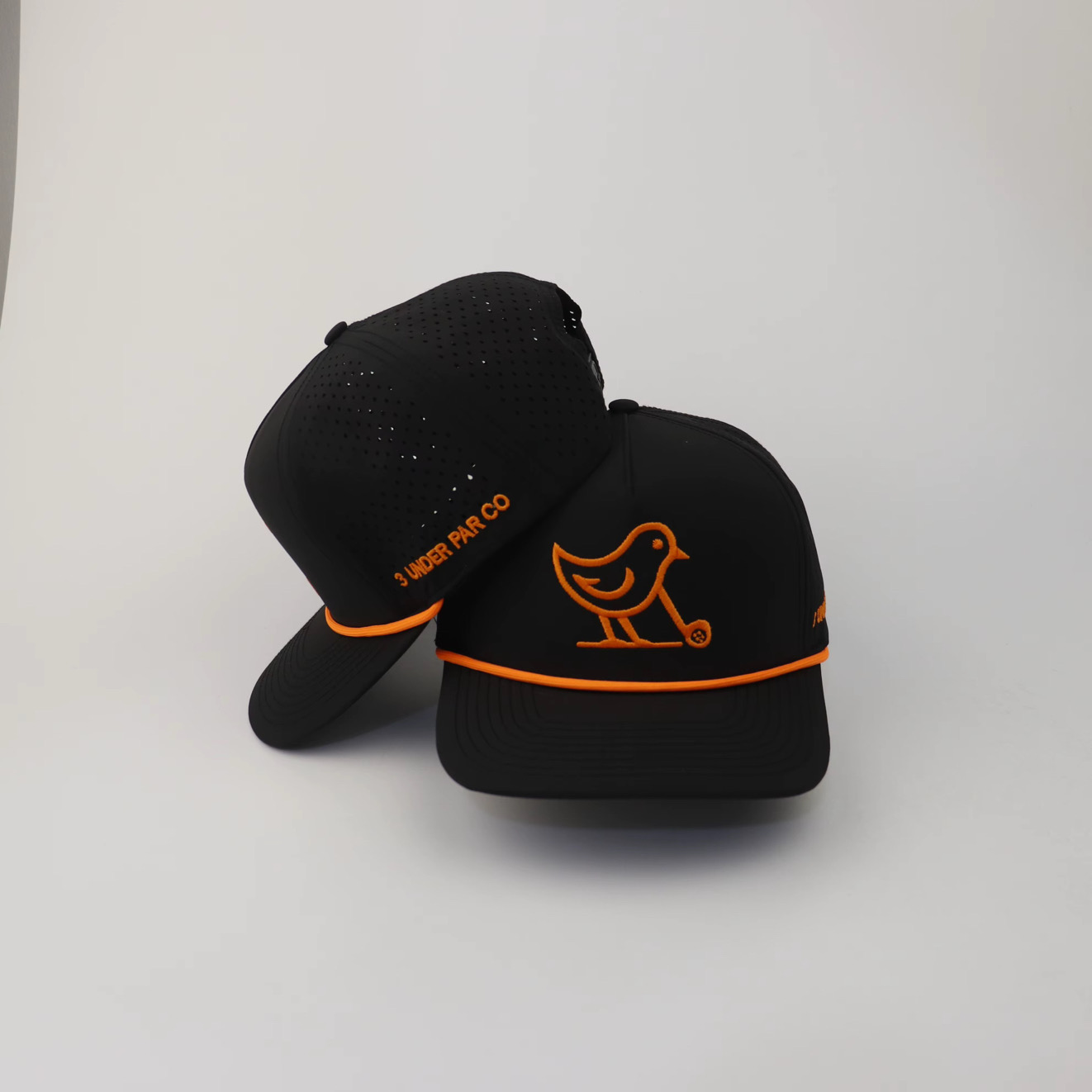 3 Under Par Co "Tap in Birdie" Edition Golf Hat - Black with Perforated Design and Orange Trim view 3