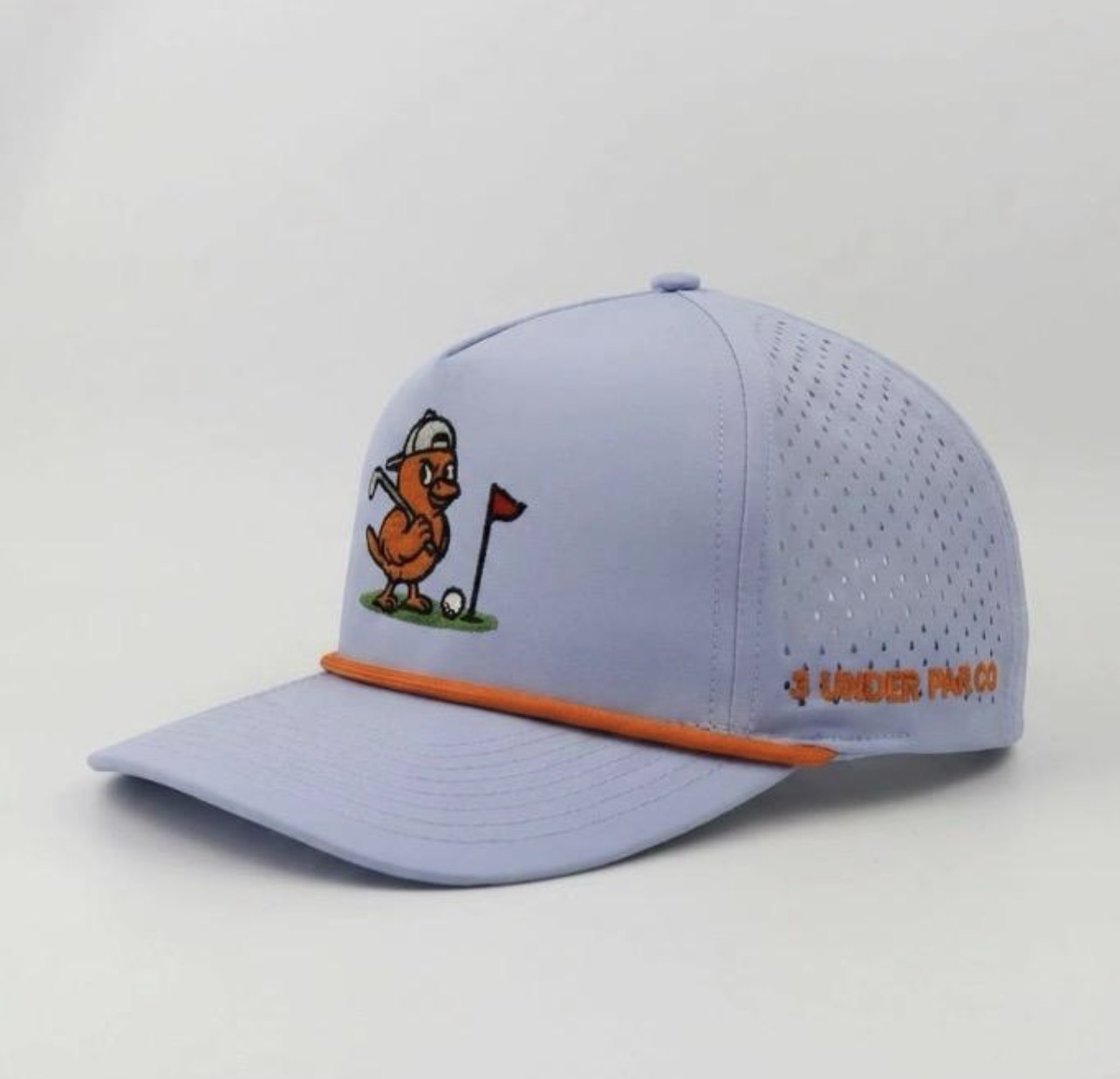3 Under Par Co "Golden Birdie" Edition Golf Hat - Light Blue with Perforated Design and Orange Trim