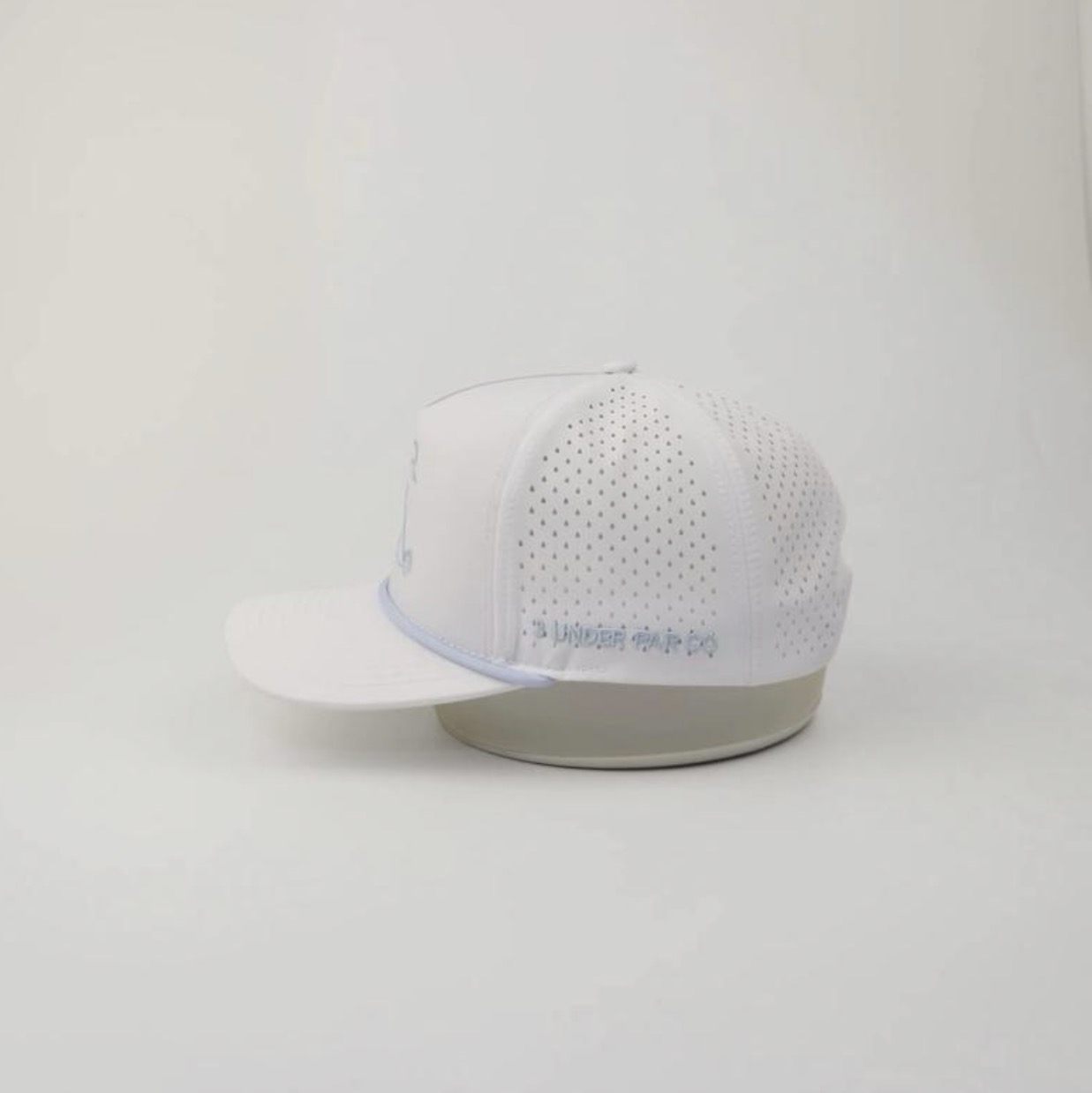 3 Under Par Co "Tap in Birdie" Edition Golf Hat - White with Perforated Design and Baby Blue Trim view 3