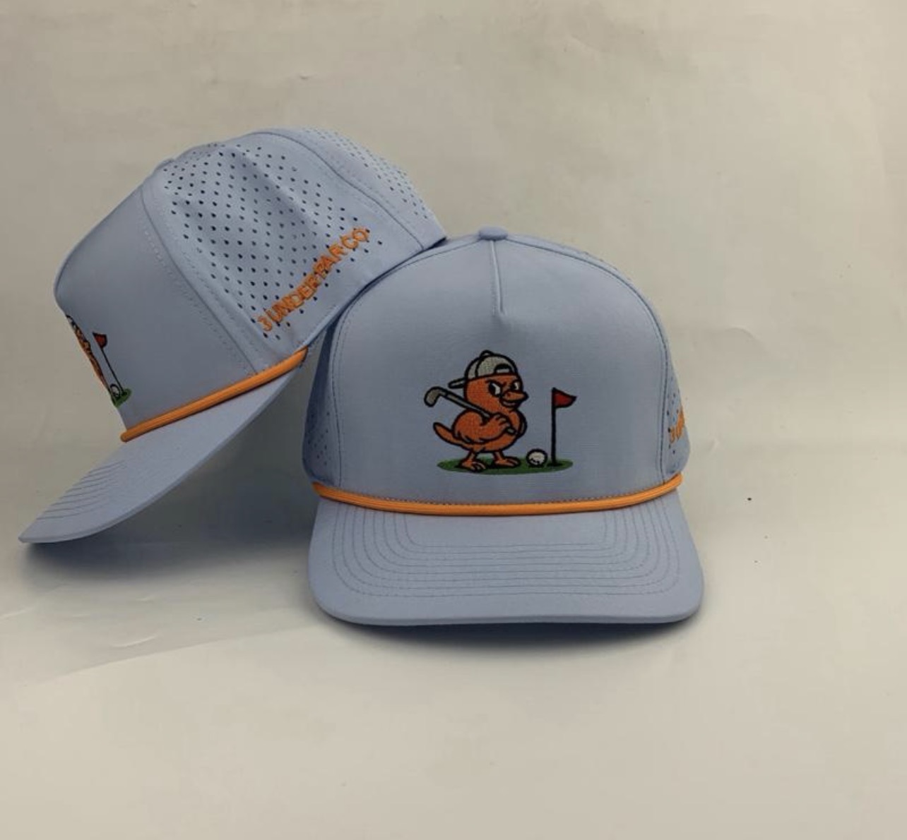 3 Under Par Co "Golden Birdie" Edition Golf Hat - Light Blue with Perforated Design and Orange Trim view 7