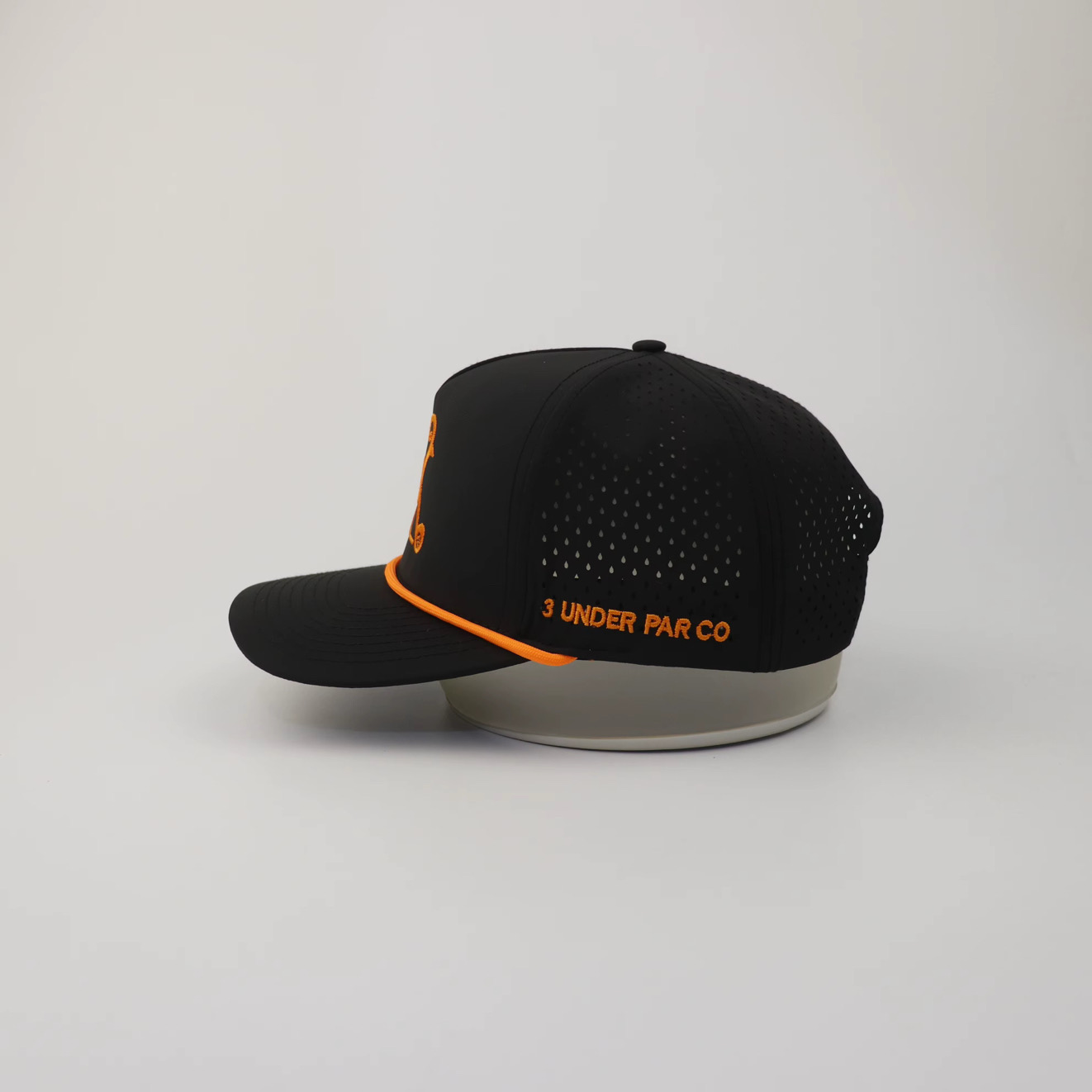 3 Under Par Co "Tap in Birdie" Edition Golf Hat - Black with Perforated Design and Orange Trim view 4