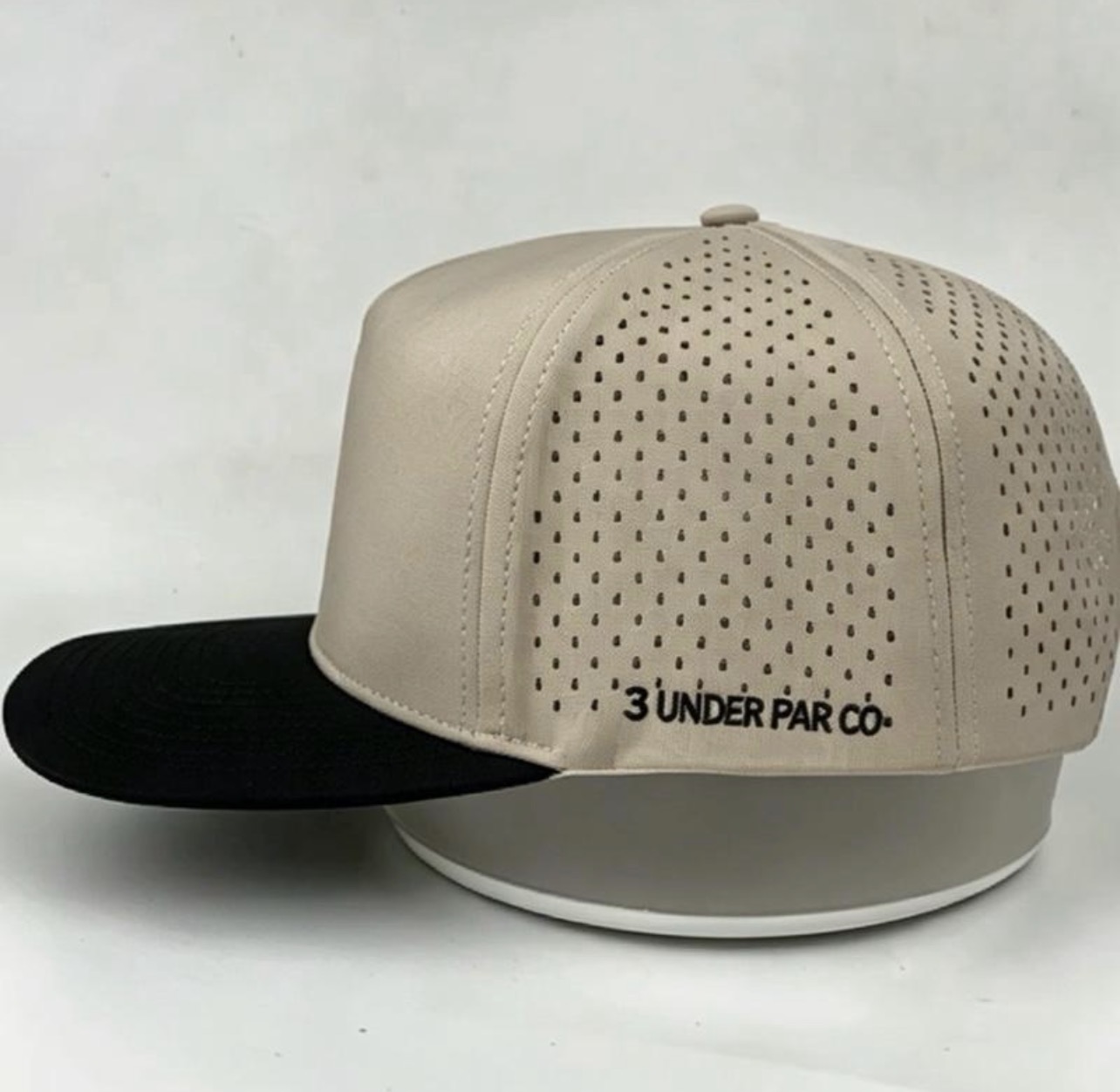 3 Under Par Co "Tap in Birdie" Edition Golf Hat - 2 Tone Black/Tan with Perforated Design and Black Trim view 3
