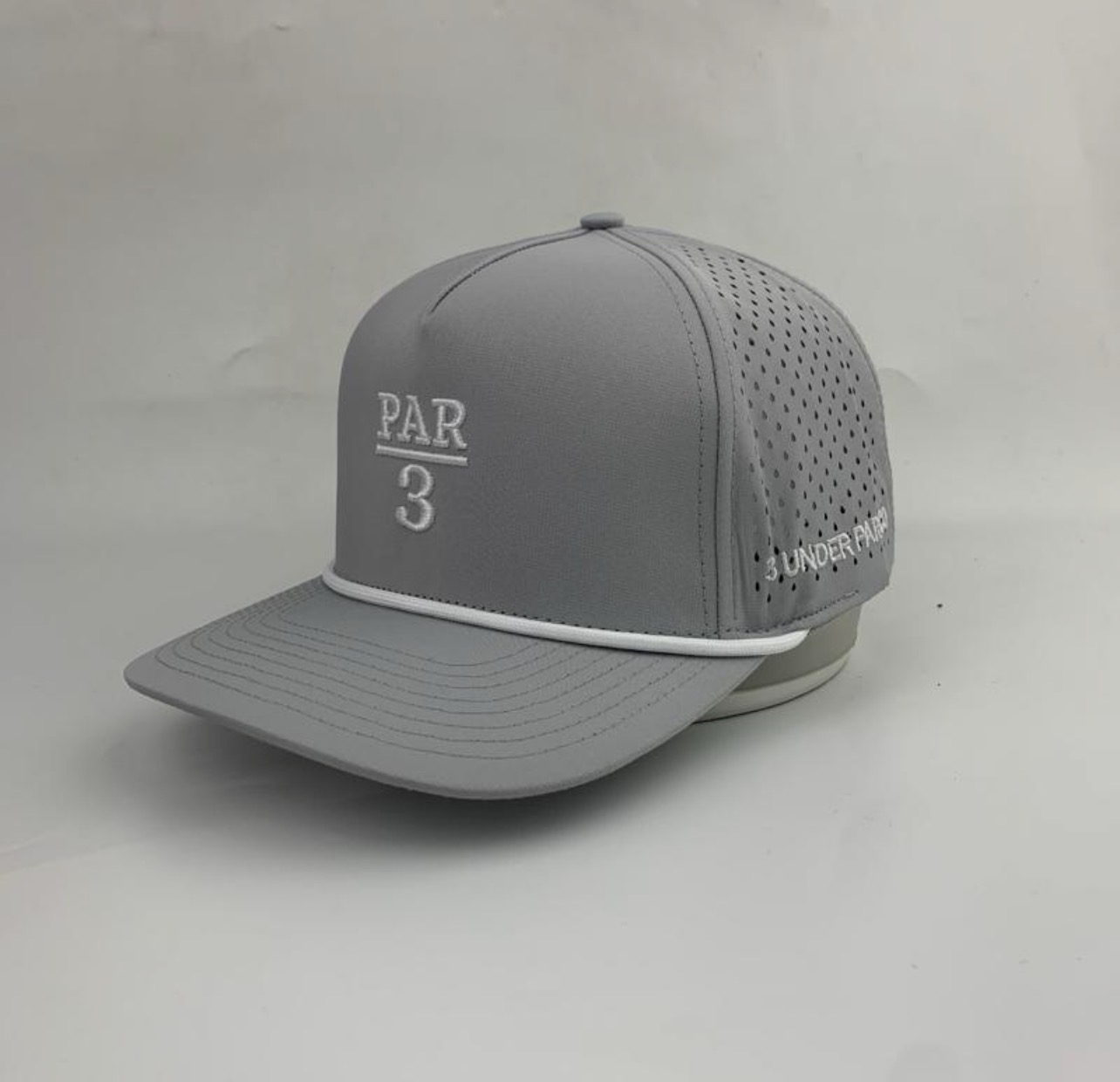 3 Under Par Co "Par 3" Edition Golf Hat - Grey with Perforated Design and White Trim view 2