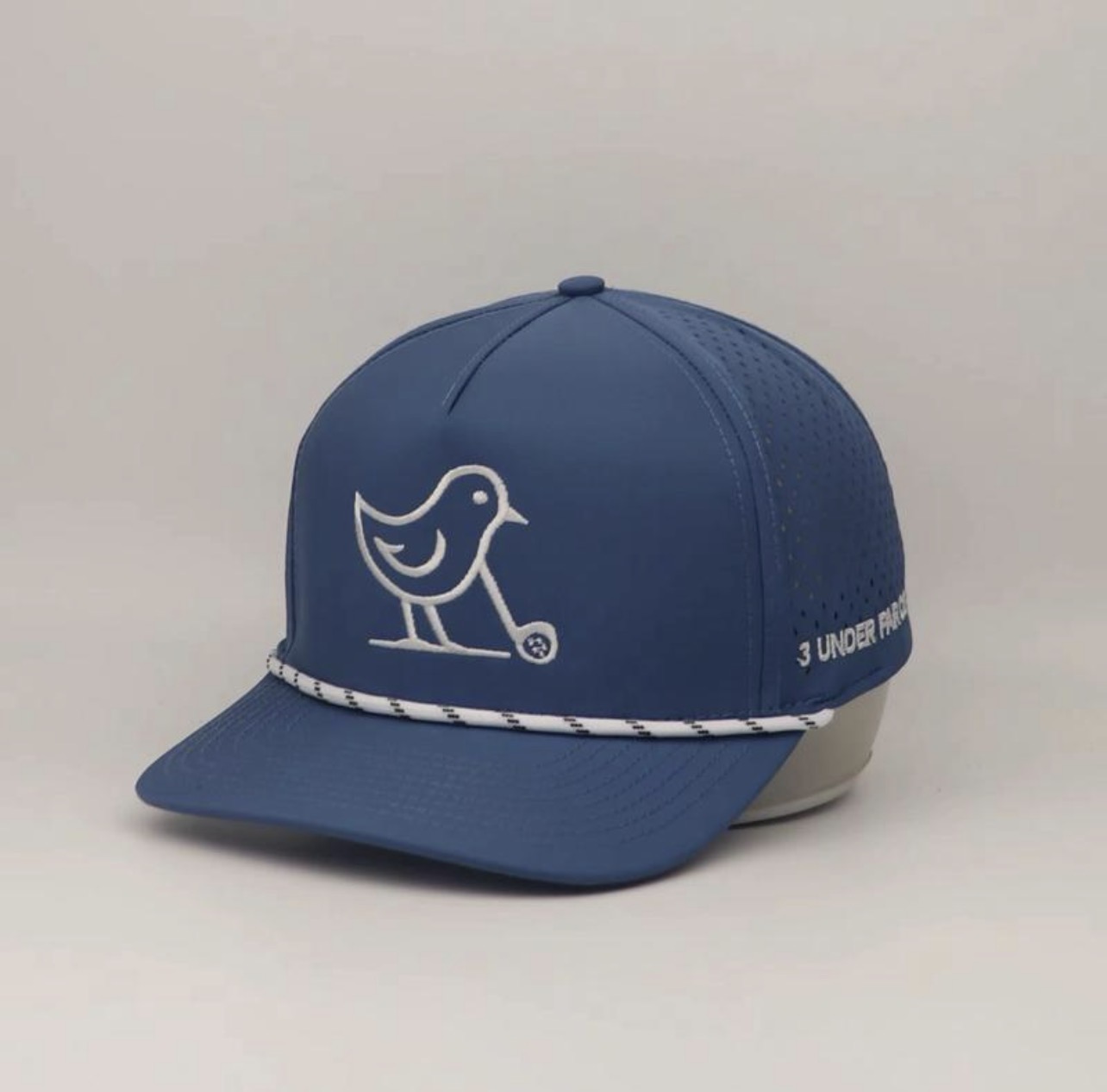 3 Under Par Co "Tap in Birdie" Edition Golf Hat - Blue with Perforated Design and White Trim view 2