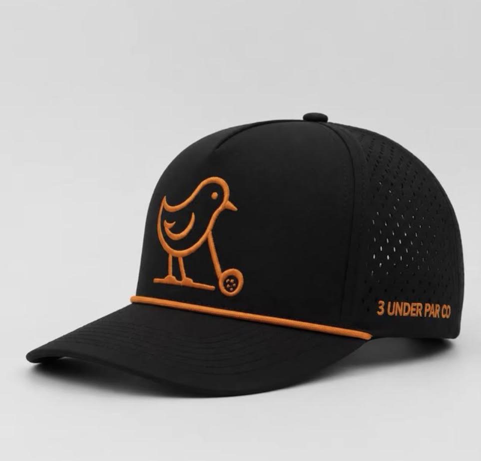 3 Under Par Co "Tap in Birdie" Edition Golf Hat - Black with Perforated Design and Orange Trim