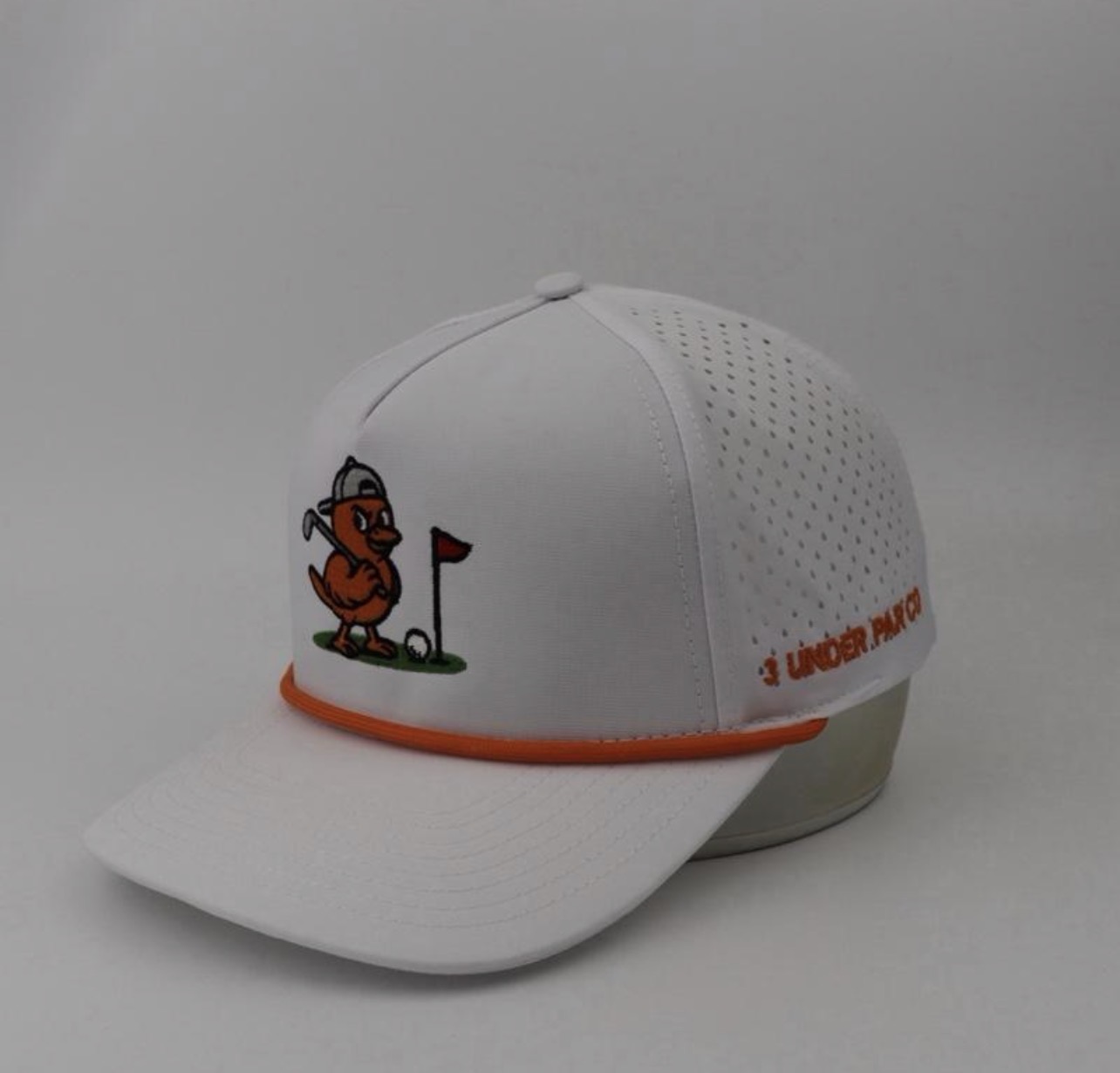 3 Under Par Co "Golden Birdie" Edition Golf Hat - White with Perforated Design and Orange Trim view 2