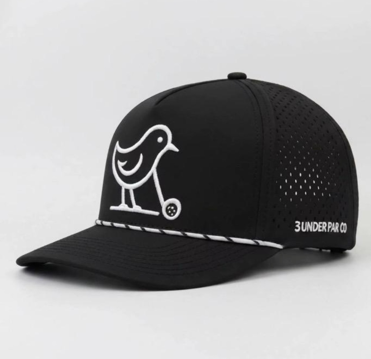 3 Under Par Co "Tap in Birdie" Edition Golf Hat - Black with Perforated Design and White Trim