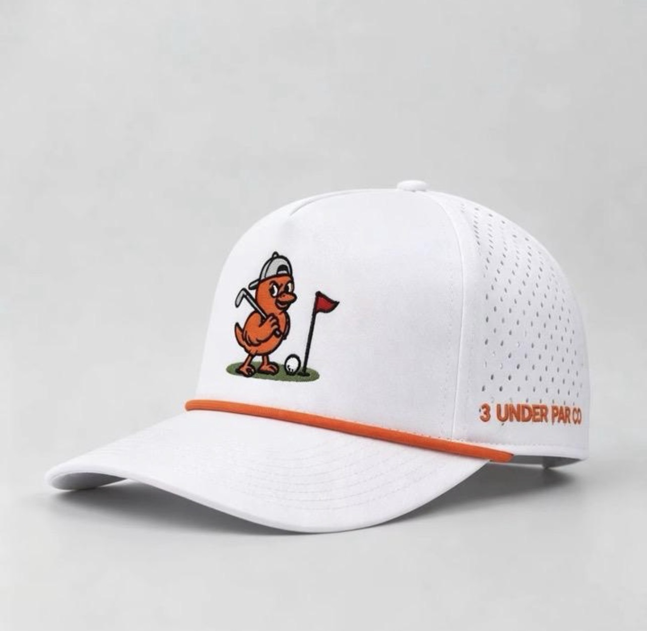 3 Under Par Co "Golden Birdie" Edition Golf Hat - White with Perforated Design and Orange Trim